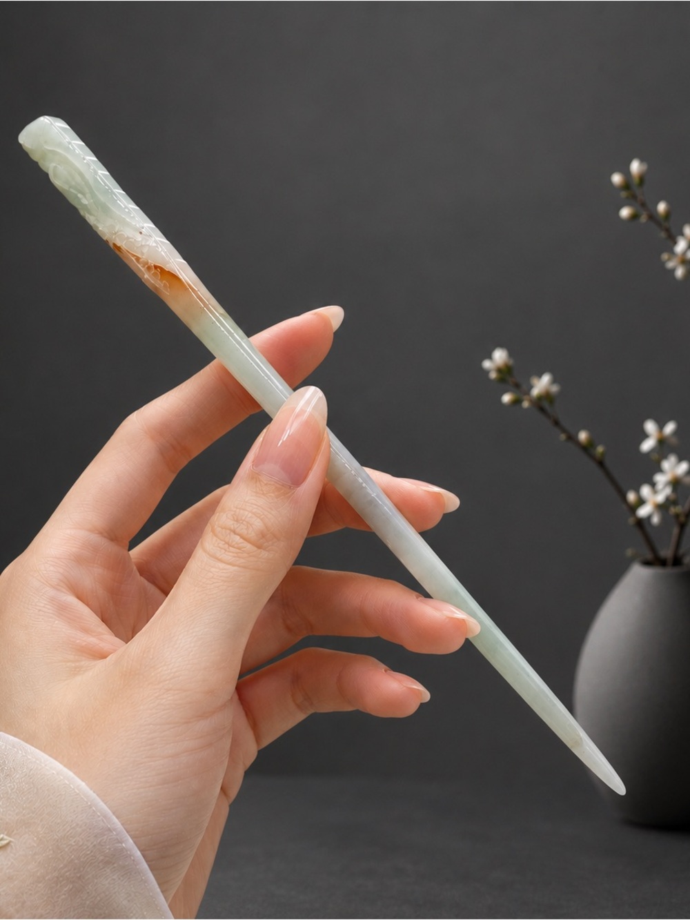 VTG Type A Burmese Jadeite Jade Green Floating Flower Carved Dragon Hair Stick